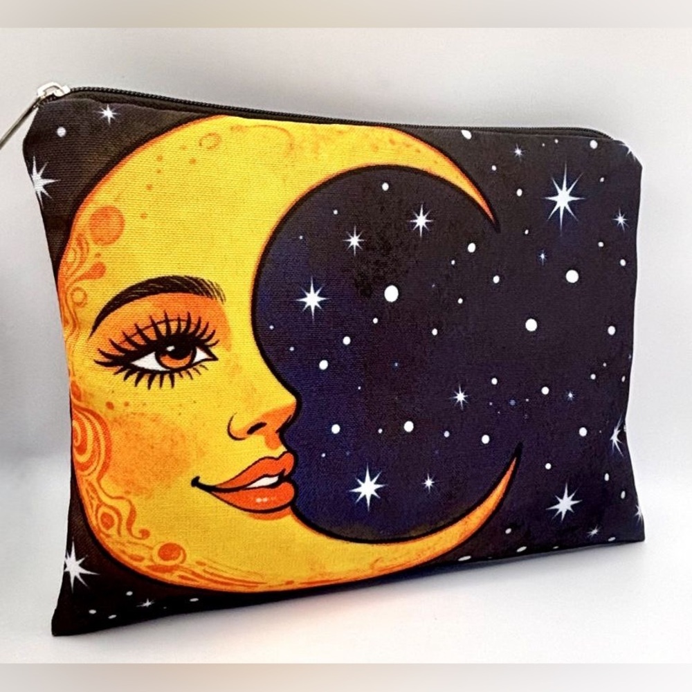 Glamourous Crescent Lady Moon Celestial Zippered Pouch Makeup Travel Bag Case